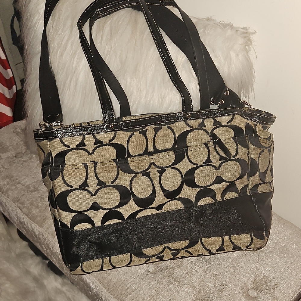 Coach Black and Tan Signature Canvas Tote